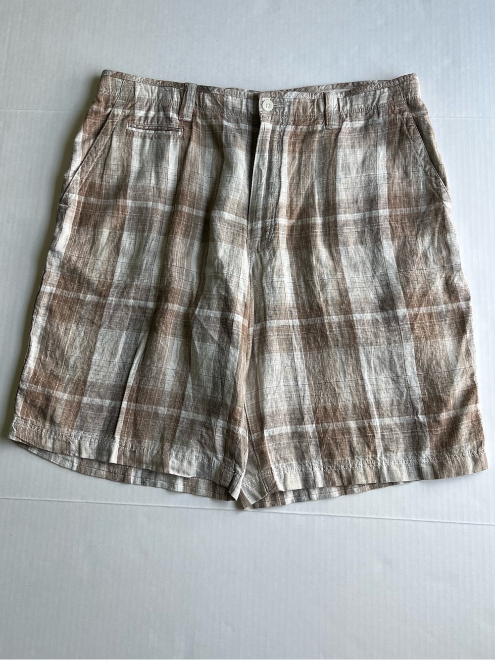 Caribbean Men’s Linen Brown Plaid Casual Bermuda Shorts 38